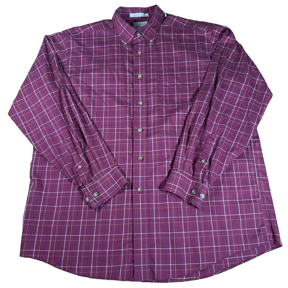L.L. Bean Men's L Burgundy Wrinkle Free Kennebunk Sport Shirt Windowpane Plaid